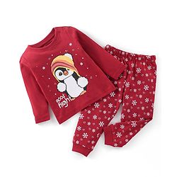 Babyhug Cotton Knit Full Sleeves Night Suit Penguin Print - Red