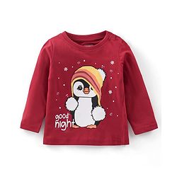 Babyhug Cotton Knit Full Sleeves Night Suit Penguin Print - Red