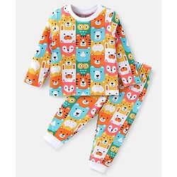 Babyhug Cotton Knit Full Sleeves Night Suit Teddy Print - Multicolour