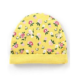 Babyhug Interlock 100% Cotton Knit Cap Mittens & Booties Floral Print Yellow - Diameter 9.5 cm
