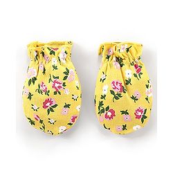 Babyhug Interlock 100% Cotton Knit Cap Mittens & Booties Floral Print Yellow - Diameter 9.5 cm