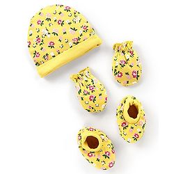 Babyhug Interlock 100% Cotton Knit Cap Mittens & Booties Floral Print Yellow - Diameter 9.5 cm