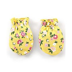 Babyhug Interlock 100% Cotton Knit Cap Mittens & Booties Floral Print Yellow - Diameter 9.5 cm