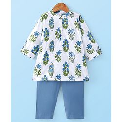Babyhug 100% Cotton Full Sleeves Woven Floral Printed Angarakha Kurta Pyjama Set - White