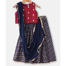 Babyhug  100% Cotton Sleeveless Floral Embroidered Choli with Printed Lehenga and Dupatta Set -Navy Blue