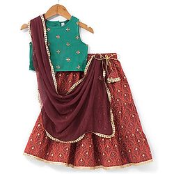 Babyhug Cotton Woven Sleeveless Choli & Lehenga Set with Dupatta Floral Print - Maroon & Blue