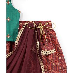 Babyhug Cotton Woven Sleeveless Choli & Lehenga Set with Dupatta Floral Print - Maroon & Blue