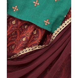 Babyhug Cotton Woven Sleeveless Choli & Lehenga Set with Dupatta Floral Print - Maroon & Blue