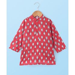 Babyhug 100% Cotton Woven Kurta Pyjama Set With Leaves Print - Red