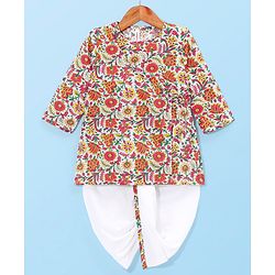 Babyhug Cotton Woven Printed Angarakha Full Sleeves Kurta & Dhoti Set - Red & White