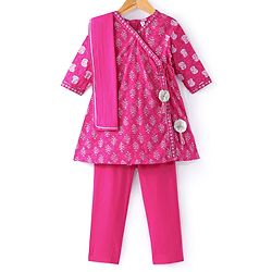 Babyhug 100% Cotton  Three Fourth Sleeves  Floral Printed  Angarakha Kurta With Pant and Dupatta  - Fuschia
