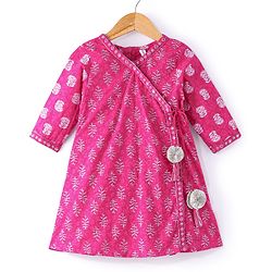 Babyhug 100% Cotton  Three Fourth Sleeves  Floral Printed  Angarakha Kurta With Pant and Dupatta  - Fuschia