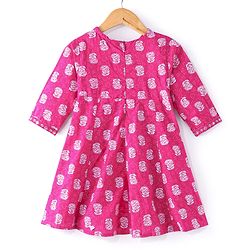 Babyhug 100% Cotton  Three Fourth Sleeves  Floral Printed  Angarakha Kurta With Pant and Dupatta  - Fuschia