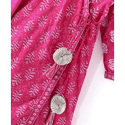 Babyhug 100% Cotton  Three Fourth Sleeves  Floral Printed  Angarakha Kurta With Pant and Dupatta  - Fuschia