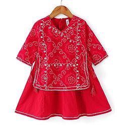 Babyhug 100% Cotton Woven Bandhani Printed and Embroidered  Three Fourth Sleeves Kurta With  Lahenga - Red