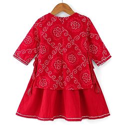 Babyhug 100% Cotton Woven Bandhani Printed and Embroidered  Three Fourth Sleeves Kurta With  Lahenga - Red