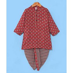 Babyhug Cotton Woven Full Sleeves Floral Printed Kurta & Dhoti Set - Maroon