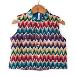 Babyhug Cotton Woven Full Sleeves Kurta & Pajama Set with Coat Chevron Print - Teal Blue