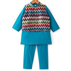 Babyhug Cotton Woven Full Sleeves Kurta & Pajama Set with Coat Chevron Print - Teal Blue