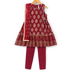 Babyhug Woven Sleeveless Foil Printed Kurta With Pant And Dupatta Set - Maroon