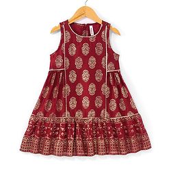 Babyhug Woven Sleeveless Foil Printed Kurta With Pant And Dupatta Set - Maroon