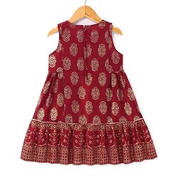 Babyhug Woven Sleeveless Foil Printed Kurta With Pant And Dupatta Set - Maroon