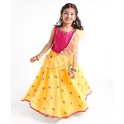 Babyhug Woven Sleeveless Choli & Lehenga Set with Dupatta & Floral Embroidery - Pink & Yellow