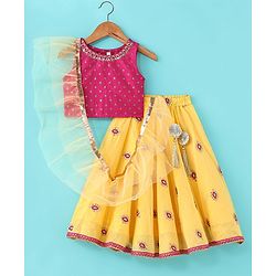 Babyhug Woven Sleeveless Choli & Lehenga Set with Dupatta & Floral Embroidery - Pink & Yellow