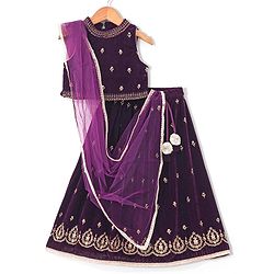 Babyhug Sleeveles Velvet Embroidered Choli with Lehenga  and Dupatta - Purple