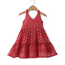 Babyhug Woven Sleeveless Halter Neck Foil Printed Ethnic Dress - Red