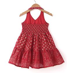 Babyhug Woven Sleeveless Halter Neck Foil Printed Ethnic Dress - Red