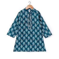 Babyhug 100% Cotton Knit Ethnic Printed Dhoti with Full Sleeves Kurta Set - Navy Blue