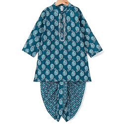 Babyhug 100% Cotton Knit Ethnic Printed Dhoti with Full Sleeves Kurta Set - Navy Blue