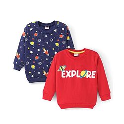 Babyhug Cotton Full Sleeves Sweatshirts With Outer Space Graphics Pack  Of 2- Blue & Red
