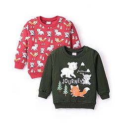 Babyhug Cotton Knit Full Sleeves Sweatshirt With Wild Animals Graphics Pack Of 2 - Red & Green