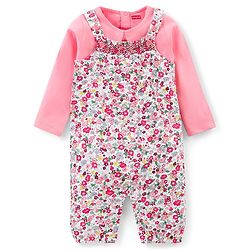 Babyhug Single Jersey Cotton Knit Dungaree with Full Sleeves Inner Tee Floral Print - Peach