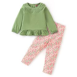 Babyhug 100% Cotton Full Sleeves Top and Floral Printed Pant - Green & Orange