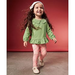 Babyhug 100% Cotton Full Sleeves Top and Floral Printed Pant - Green & Orange