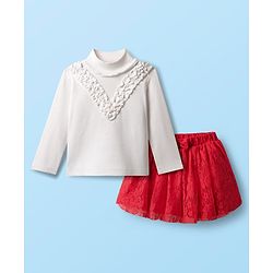 Babyhug 100% Cotton Knit Full Sleeves Top & Skirt Solid Colour - White & Red
