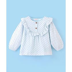 Babyhug 100% Rayon Woven Full Sleeves Top with Frill Detailing Polka Dot Print - Light Blue