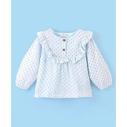 Babyhug 100% Rayon Woven Full Sleeves Top with Frill Detailing Polka Dot Print - Light Blue