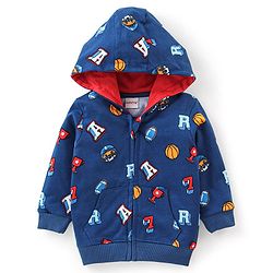 Babyhug Cotton Knit Full Sleeves Hooded Sweatjacket with Zipper & Basket Ball Graphics Print - Navy Blue