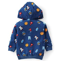 Babyhug Cotton Knit Full Sleeves Hooded Sweatjacket with Zipper & Basket Ball Graphics Print - Navy Blue