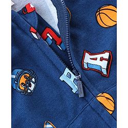 Babyhug Cotton Knit Full Sleeves Hooded Sweatjacket with Zipper & Basket Ball Graphics Print - Navy Blue