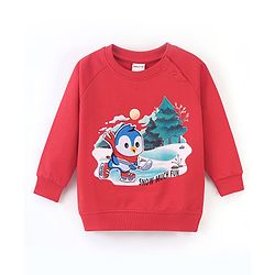 Babyhug Cotton Knit Full Sleeves Sweatshirt with Penguin Graphics Design - Red
