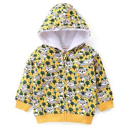 Babyhug Cotton Knit Full Sleeves Raccoon Printed Hooded Sweat Jacket with Zipper - Yellow