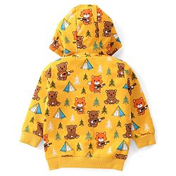 Babyhug Cotton Knit Full Sleeves Sweatjacket With Hood & Teddy Print - Yellow