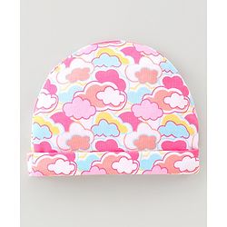 Babyhug 100% Cotton Cap Mittens And Booties With Cloud Print Pink - Diameter 9.5 cm