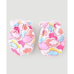 Babyhug 100% Cotton Cap Mittens And Booties With Cloud Print Pink - Diameter 9.5 cm