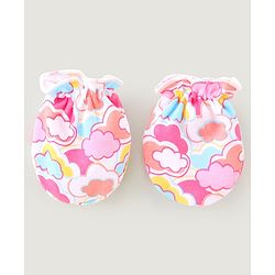 Babyhug 100% Cotton Cap Mittens And Booties With Cloud Print Pink - Diameter 9.5 cm
